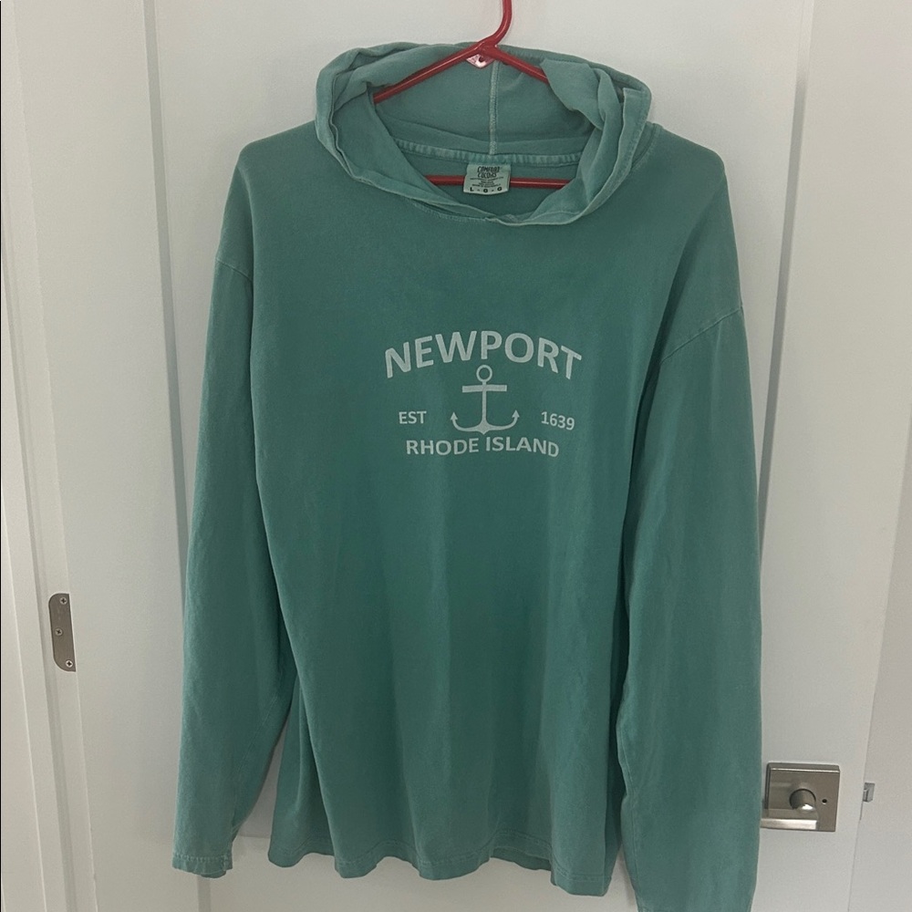 Comfort Colors Teal Newport Hooded Long-Sleeve Shirt with Anchor Print